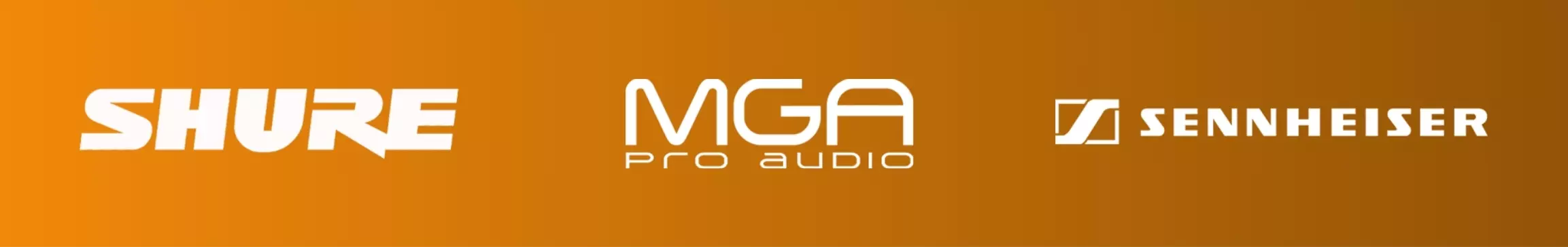 Logotipos das marcas Shure, MGA Pro Audio e Sennheiser — empresas parceiras no curso de RF da Educa Áudio.
